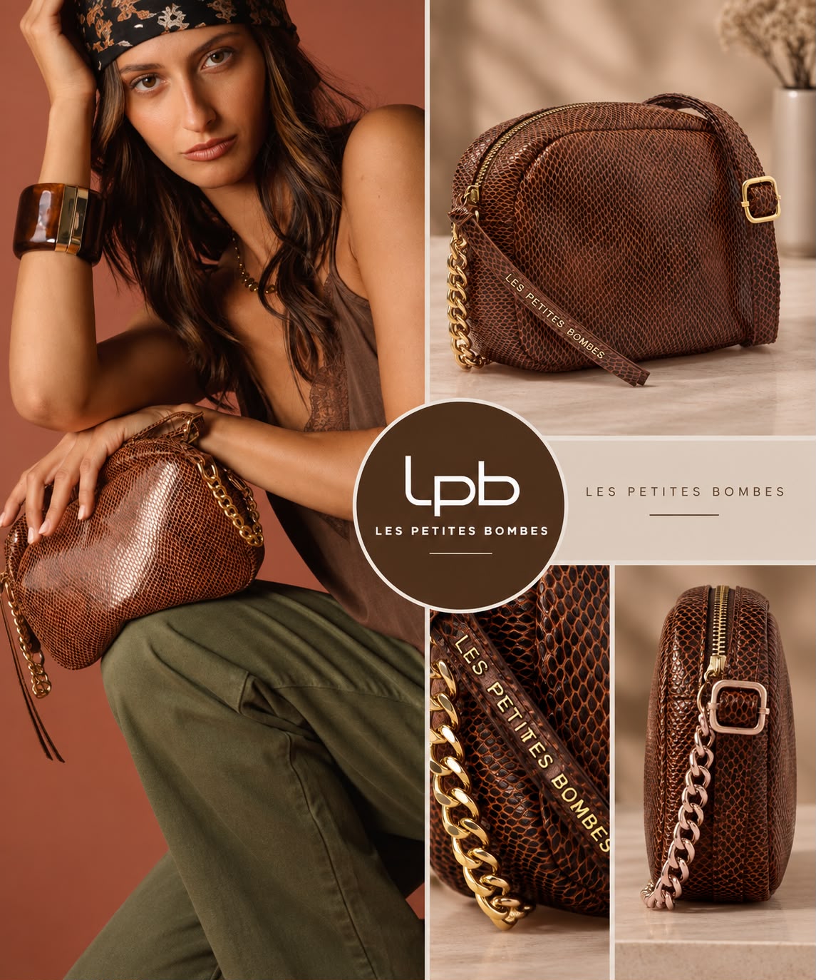 Sac bandouliere Ferielle Brun python - LPB