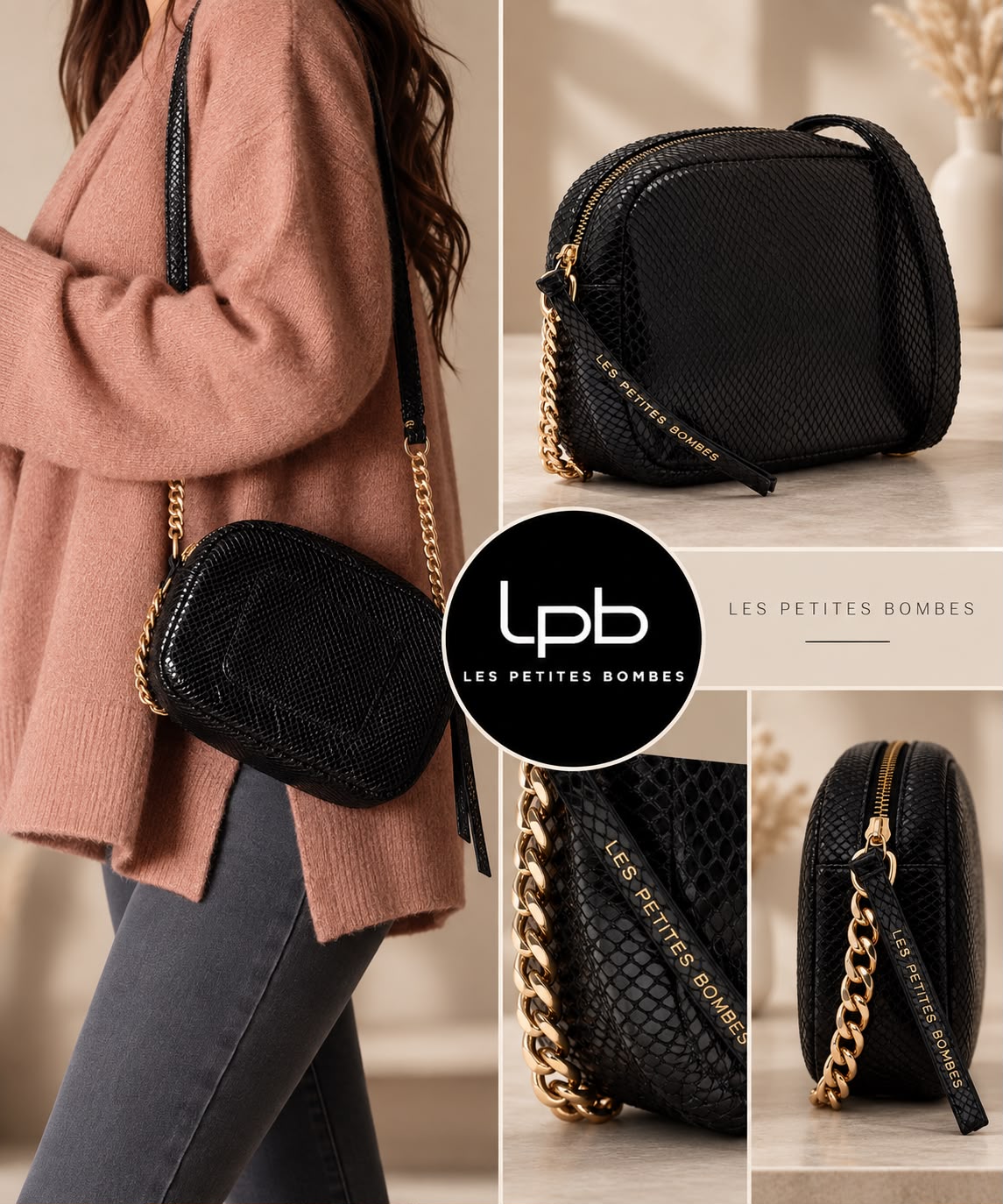 Sac bandouliere Ferielle Noir python - LPB